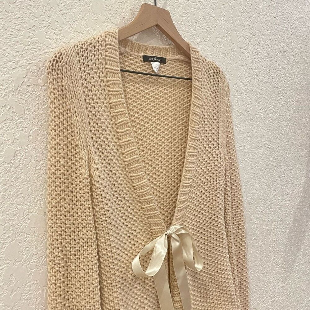 Ulla Johnson Camel Hair Knit Cream Bow Tie Front Cardigan Sweater S Fisherman - Picture 2 of 11